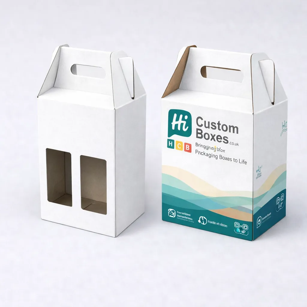 Tall white and branded corrugated boxes with a convenient handle and dual transparent viewing windows. class=